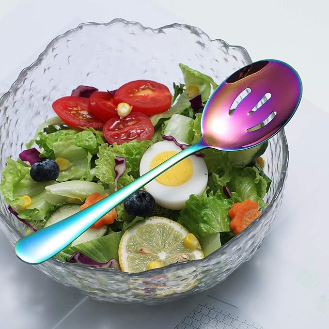 Kyraton Rainbow Serving Set - 4 Piece Titanium Plated Utensils, Includes 2 Spoons and 2 Slotted Spoons