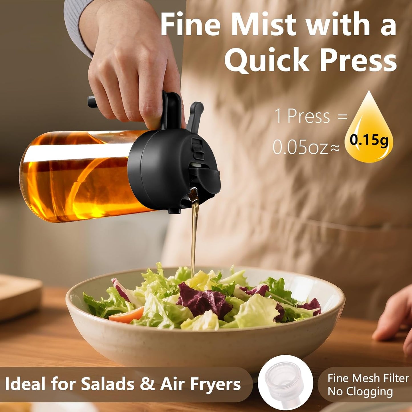 Olive Oil Sprayer for Cooking, 470ml 2 In 1 Glass Oil Dispenser/Pour Bottle, Kitchen Accessories, Kitchen Gadgets for Air Fryer, Salad, BBQ