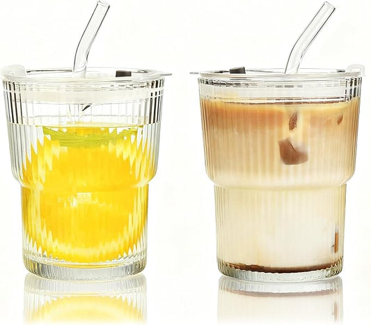 Haundry 14 oz Ribbed Glass cups with Lids and Straws, 2 Pack Iced Coffee Cups, Thickened Glassware Set, Ripple Design Glass Cups for Coffee, Soda, Smoothies, Cocktails and Juice