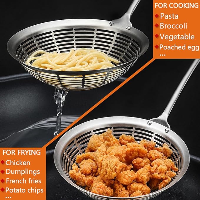 Cooking Skimmer 304 Stainless Steel Spider Strainer Handheld Metal Slotted Spoon With Holes Mesh Ladle For Spaghetti Pasta;Poached Egg;Noodle;Vegetables;Kitchen Frying And Cooking Tools
