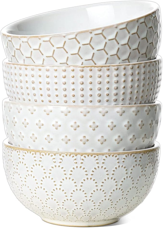 LE TAUCI Cereal bowls 26 oz, Ceramic Soup Bowl for Kitchen, Embossment Stoneware Bowl for Pho, Chip, Fruits, Salad, Noodle, Ramen, Suit For Housewarming - 6 Inch, Set of 4, Arctic white