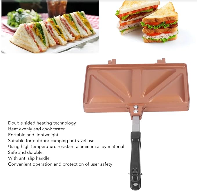 Fockety Hot Sandwich Maker, Double Sided Heating Aluminum Alloy Panini Maker Pan Even Heating Lightweight Portable Sandwich Press Grill for Sandwiches, Frying Eggs, Baking Bread (Gold)