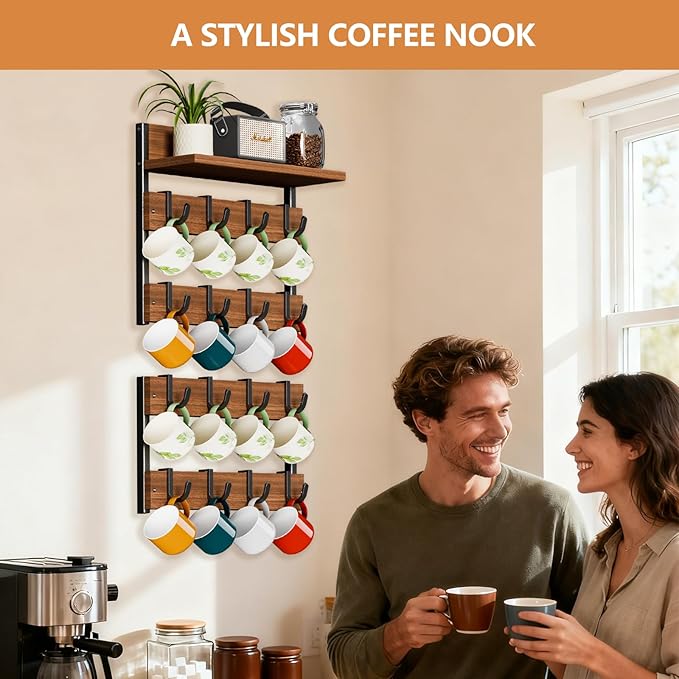 2-in-1 Coffee Mug Holder Wall Mount, 4-Tier Coffee Mug Rack Wall Mounted with 16 Adjustable Hooks and Storage Shelf, Wooden Cup Hanger Organizer for Home Kitchen Display and Collection