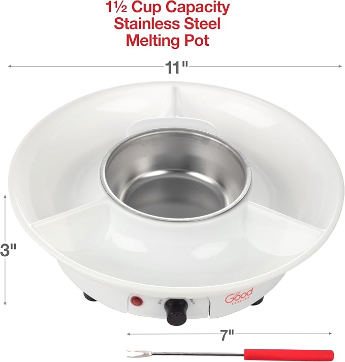 Electric Fondue Maker Deluxe Set w 4 Forks- Removable Serving Tray for Cheese & Chocolate Melting, Warming Setting- Valentines Day Candy Bar Melter, Party Must Have- Appetizers Desserts- Gift for Host