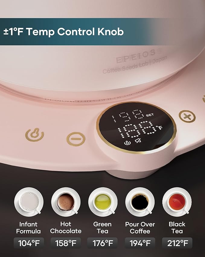 INTASTING Gooseneck Electric Kettle with ±1℉ Temperature Control for Pour Over Coffee & Tea, Quick Heating, BPA-Free Stainless Steel, Built-in Brew Timer, 1500W/0.9L (Petal Pink)