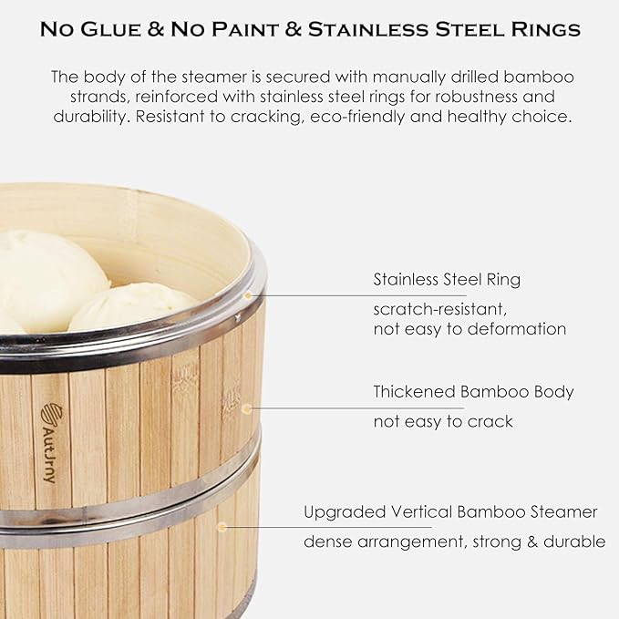 9.5-Inch Vertical Bamboo Steamer Basket, 2-Tier with Stainless Steel Rings | 50 Liners, Sauce Dish & 2-Chopsticks | Cooking Pot for Buns Dumplings Rice Vegetables Dim Sum