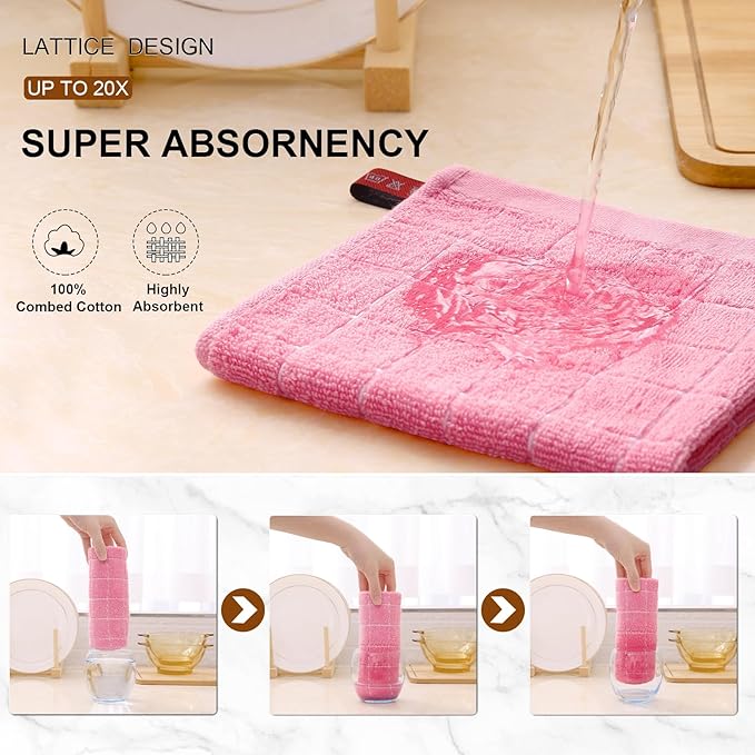 Mordimy 100% Cotton Terrycloth Kitchen Towels and Dishcloths Sets, Soft and Absorbent Checkered Dish Towels, Quick Drying Dish Rags for Washing Dishes, 4 Pack 16" x 26" & 4 Pack 12" x 12", Pink