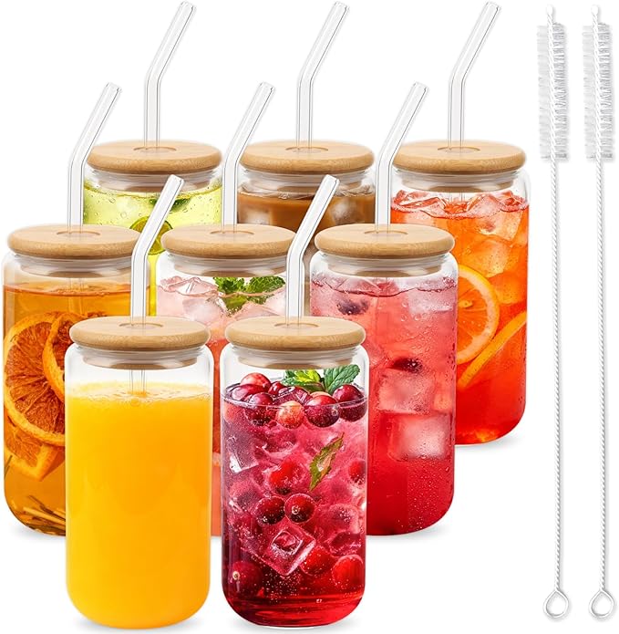 Alotpower Borosilicate Glass Cups with Lids and Straws, 16 oz Reusable Tumbler Set (8-Pack) Includes Bamboo Lids, Glass Straws & Brush for Iced Coffee, Bubble Tea, Cold Beer, Juice