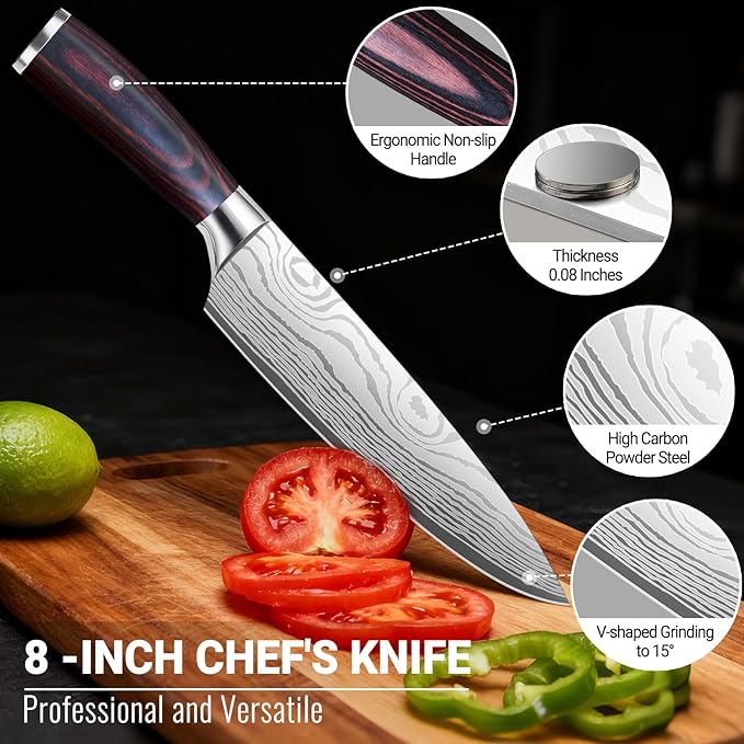 Chef Knife 8 Inch Kitchen Knife - Ultra Sharp High-Carbon Steel Chefs Knife, Professional Cooking Knives with Ergonomic Wood Handle & Gift Box