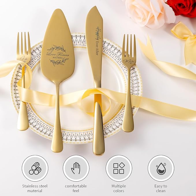 Wedding Cake Knife and Server Set, Mr and Mrs Champagne Flutes Glasses & Forks with Wooden Box, Gold Cake Cutting Set for Wedding Engagement Bridal Shower Gifts