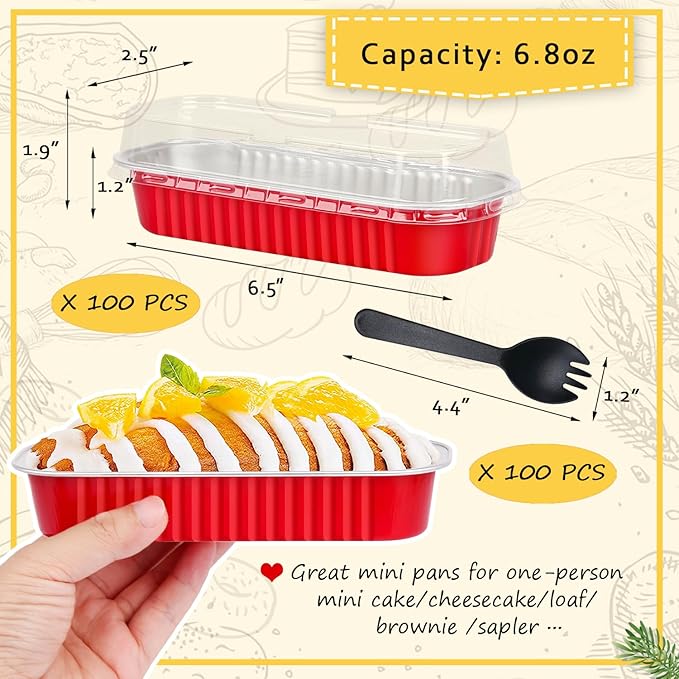 Disposable Mini Cake Pans with Lids 100 Pack,LNYZQUS 6.8oz Rectangle Mini Loaf Pan Baking Cups Muffin Tin,Aluminum Foil Cupcake Baking Tins Containers for Christmas New Year-Red