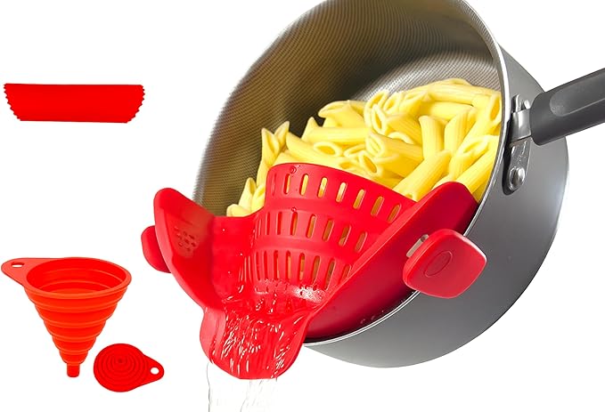 Clip on Strainer Silicone for All Pots and Pans, Colander, Pot Strainer for Pasta, Meat, Vegetables, Space Saving Design, Food-Safe with Collapsible Funnel, Garlic Peeler, 3 Pack (Red)