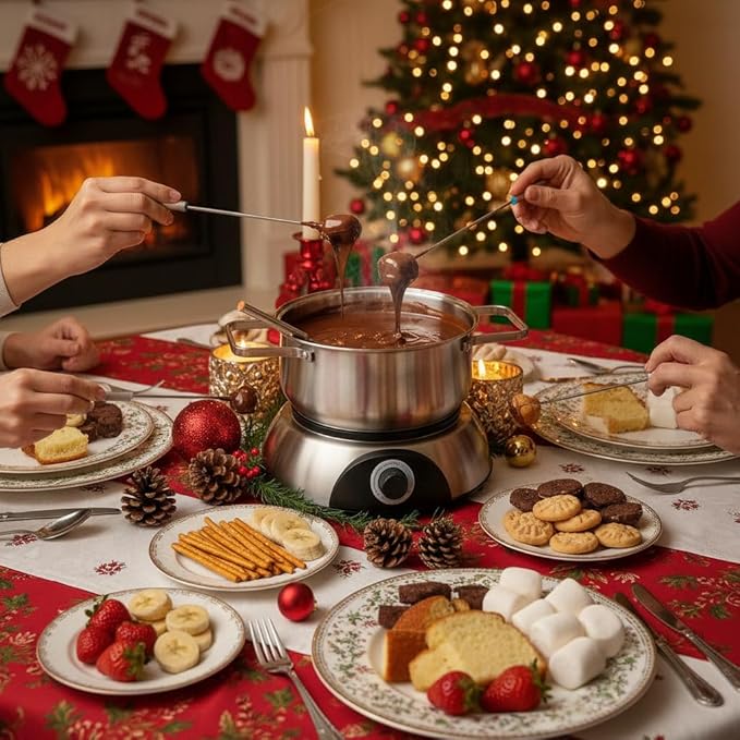 CUSIMAX 1500W Electric Fondue Pot Set, Fondue Pot for Chocolate, Cheese, Broth, Oil, Luminous Control Dial, Fondue Set with 8 Colour Coded Stainless Steel Forks, 1.4-Quart - Stainless Steel