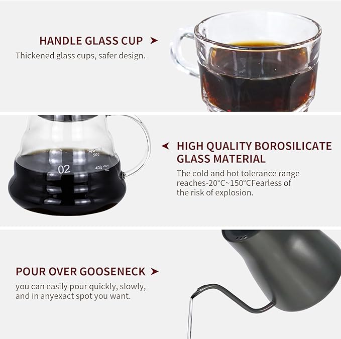 Pour Over Coffee Maker Set, Portable coffee Set - Manual Coffee Grinder, Coffee Dripper Set, Gooseneck Kettle，two cups, suitable for Camping, RV, Home, and Office