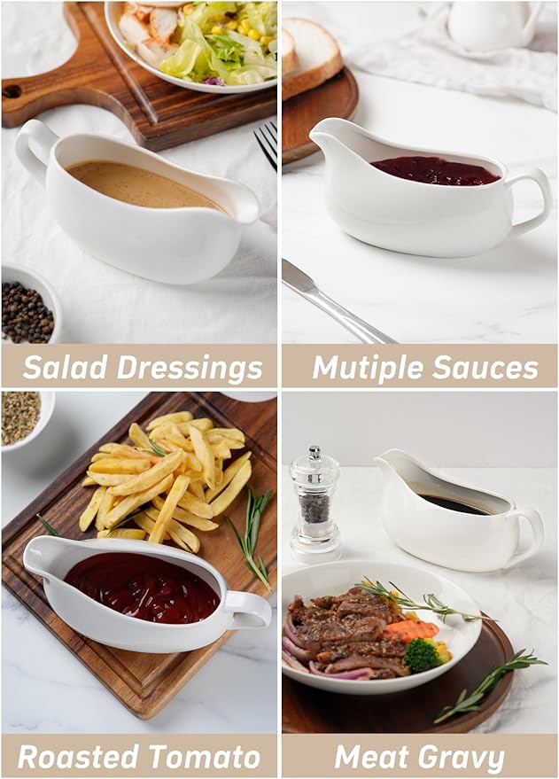 Gurygo Gravy Boat and Tray - 14oz Fine Porcelain Sauce & Salad Dressing Boat -Ceramic Sauce Boat for Gravy, Salad Dressings, Microwave & Freezer Safe (White)