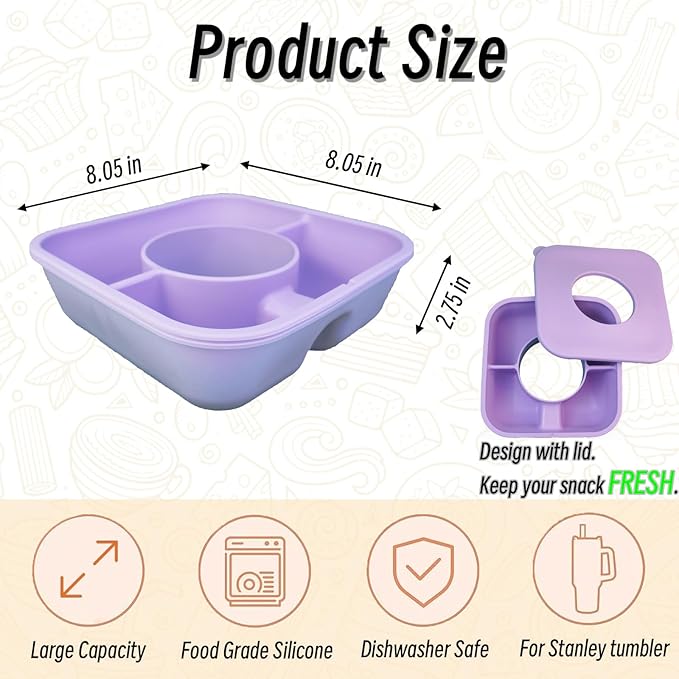 Snack Bowl for Stanley Cup 40 oz Tumbler, Reusable Snack Tray with Lid, Snacks Ring, Silicone Food Holder for Stanley Cup Accessories (Purple)