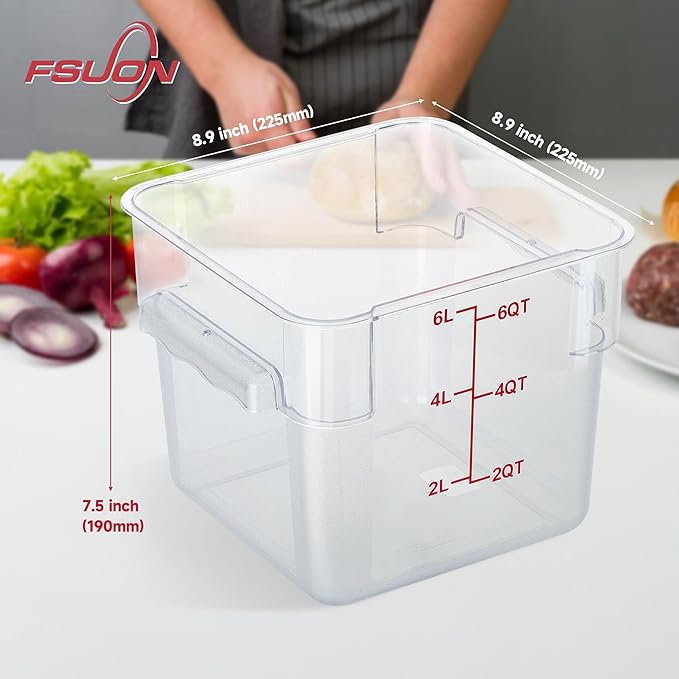 FSUON 4 Pack Clear Food Storage Containers with Lids and Handles Polycarbonate Square Commercial Food Containers, NSF (6Qt)