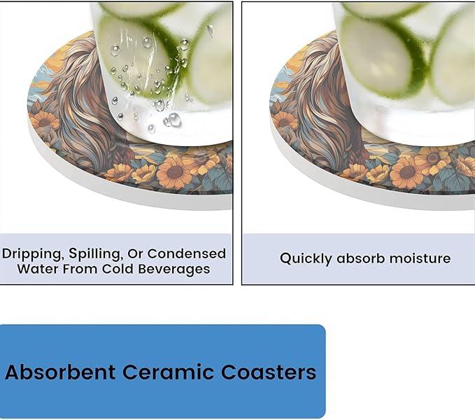 Round Coasters Set of 2, Manes Horse Sunflowers Sunshine Absorbent Ceramic Coaster with Cork Base, Bar Coasters for Drinks Coffee Mugs Tea Cups Wine Glasses Home Decor Gifts (4 inches)
