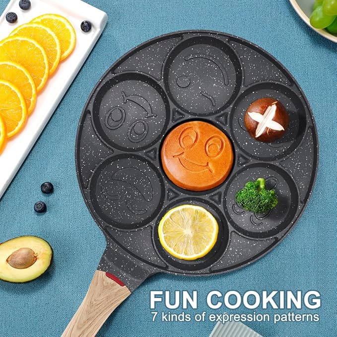 Nonstick Pancake Pan, Smiley Face Pancake Frying Pan, 7 Holes Mini Pancake Maker for Kids 10.4 in, Gas only - Black