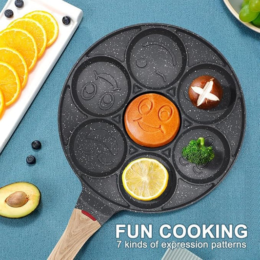 Nonstick Pancake Pan, Smiley Face Pancake Frying Pan, 7 Holes Mini Pancake Maker for Kids 10.4 in, Gas only - Black