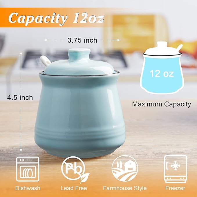 Sugar Bowl with Lid and Spoon, 12 oz Ceramic Sugar Bowl with Spoon, Sugar Container for Coffee Bar, Sugar Jar Sugar Dispenser Bowl, Turquoise Kitchen Decor and Accessories