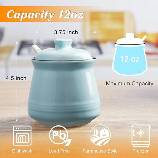 Sugar Bowl with Lid and Spoon, 12 oz Ceramic Sugar Bowl with Spoon, Sugar Container for Coffee Bar, Sugar Jar Sugar Dispenser Bowl, Turquoise Kitchen Decor and Accessories
