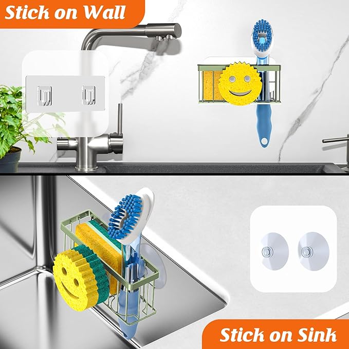 Sponge Holder Smiley Face, Sink Organizer with 2 Suction Cups/1 Adhesive Strips,Designed for Sponge,Soap,Dish Brush,Scrubber - Green