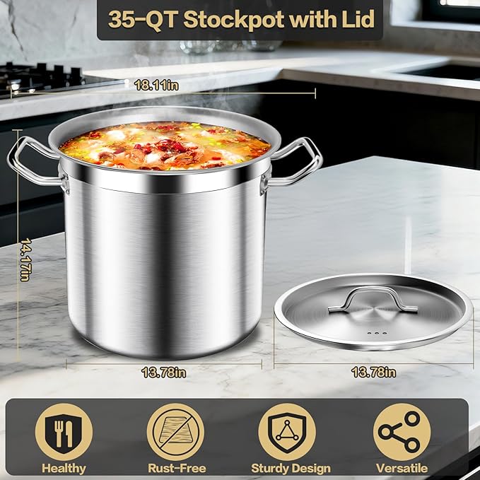 Large Stock Pot-35QT Stainless Steel Stockpot with Lid, Heavy Duty Tri-Ply Bottom Commercial Grade Stock Pot & Stockpots for Boiling Cooking Soup Stew Canning Cooking Pots, Big Stockpot, Deep Cookware