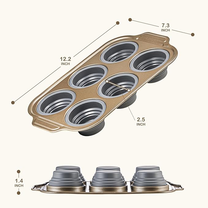 LCKitchen 2-Pack Silicone Foldable Baking Pans With Metal Reinforced Frame Nonstick 6 Cups for Baking Muffins, Egg Bites, Brownies, Puddings, Dishwasher Safe BPA Free