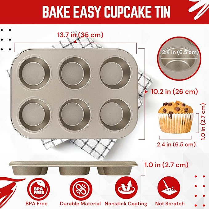 Flexzion Muffin Tray Cupcake Baking Pan 2 Pack, Carbon Steel Muffin Tins Nonstick 6 Cups, Cupcake Tin Bakeware Accessories for Baking Cupcake Muffin Brownies Snack, Fridge Safe, Champagne Gold
