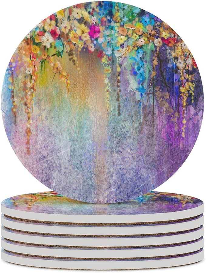 Round-6PCS Floral Drink Coasters, Round Modern Ceramic Absorbent Coasters, Watercolor Weeds Blossoms Ivy Florets Shrubs Design Decor Desk Coffee Table Coaster for Beverage Cup Tea Coasters