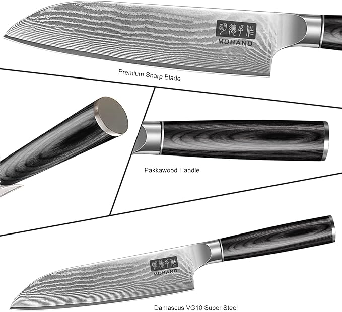 MDHAND Damascus Knife Set, 3PCS Ultra Sharp 10Cr15CoMoV Super Steel Japanese Kitchen Knife, Professional Chef Knife Set with Black Pakkawood Handle, Including Chef, Santoku & Paring Knife, Elegant Box