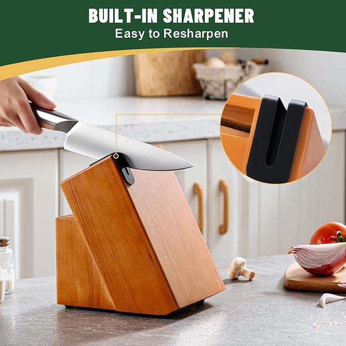 Knife Set, EWFEN 14-Piece Kitchen Knife Set with Block, German Stainless Steel Knives with Built-in Knife Sharpener, Anti-Slip Curved Handle Sharp Knives Set for Kitchen, Dishwasher Safe