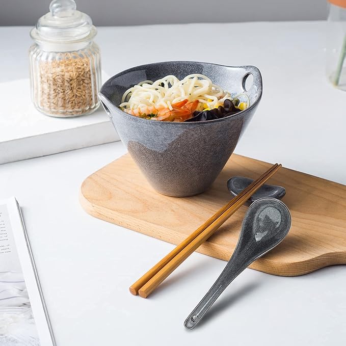UNICASA Japanese Ramen Bowl Set with Chopsticks, Spoons and Rests, 20oz Deep Porcelain Noodle Bowl Set of 2 for Udon, Pho, Salad, Soup (Reactive Gray)