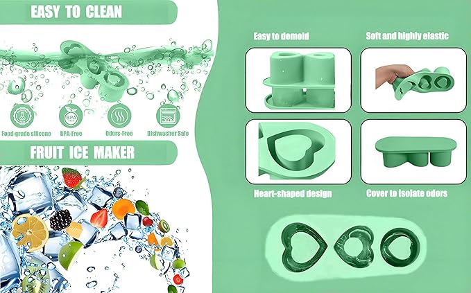 Ice Cube Trays for Stanley Cup 20 30 40 OZ Tumbler Ice Mold Heart Shape Silicone Ice Cube Tray with Lid, Stanley Ice Mold and Maker Ice Cube for Cocktails, Whisky, Juice (20-30 OZ, Green)