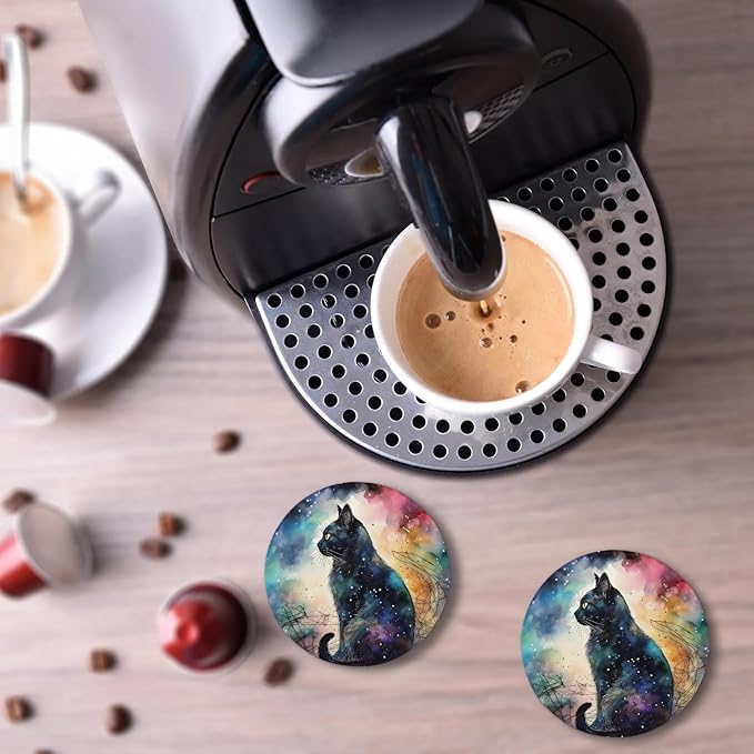 Round Coasters Set of 2, Watercolor Galaxy Sky Black Cat Absorbent Ceramic Coaster with Cork Base, Bar Coasters for Drinks Coffee Mugs Tea Cups Wine Glasses Home Decor Gifts (4 inches)