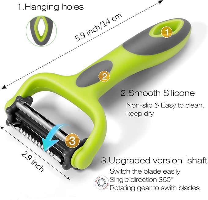 Senbowe Julienne Peeler, Potato Vegetable Peeler for Kitchen, I and Y Potato Peelers for Apple Fruit Carrot Zucchini Cucumber Veggie, 3 in 1 Blade Spin Design, Anti-Slip Handle
