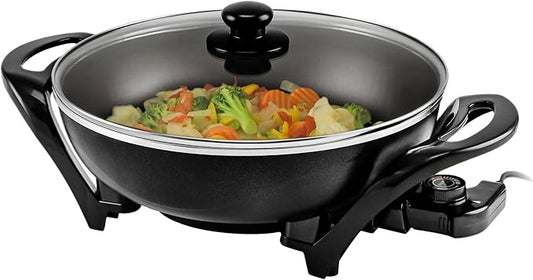 OVENTE Electric Wok with Nonstick Coating, 13 Inch Family-Sized Skillet, 1400W Power, Adjustable Temperature, Tempered Glass Lid, Cool Touch Handles and Easy to Clean Frying Surface, Black SK3113B