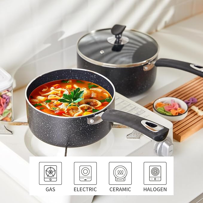 RATWIA Nonstick Saucepan Set - 3-Pieces Pot Set 1 Quart & 2 Quart & 3 Quart,Ultra Non Stick Sauce Pan Small Pot with Glass Lid,Great for Home Kitchen Restaurant,Black