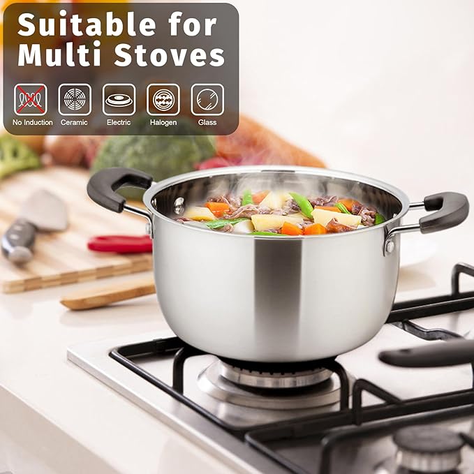 P&P CHEF 6 Qt Stockpot with Lid, Stainless Steel Cooking Stock Pot for Soup, Heat-Proof Double Handles with Visible Lid, Dishwasher Safe & Healthy, 1-Ply Metal