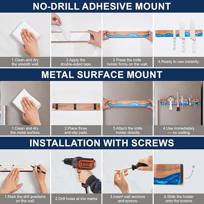 ENOKING 16 Inch Magnetic Knife Holder for Wall, Acacia Wood & Blue Resin Magnetic Knife Strip, Powerful No-Drill Adhesive or Screws Mount, Kitchen Knife Bar Storage Rack