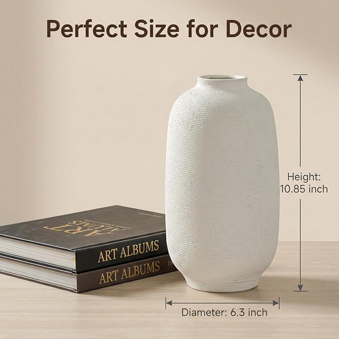 White Ceramic Flower Vase Home Decor - Large Tall Farmhouse Table Vases Rustic Living Room Kitchen Bedroom Decorations for House Book Shelf Office Coffee Desk，Hand-Made Textured Surface (10.8“ H)