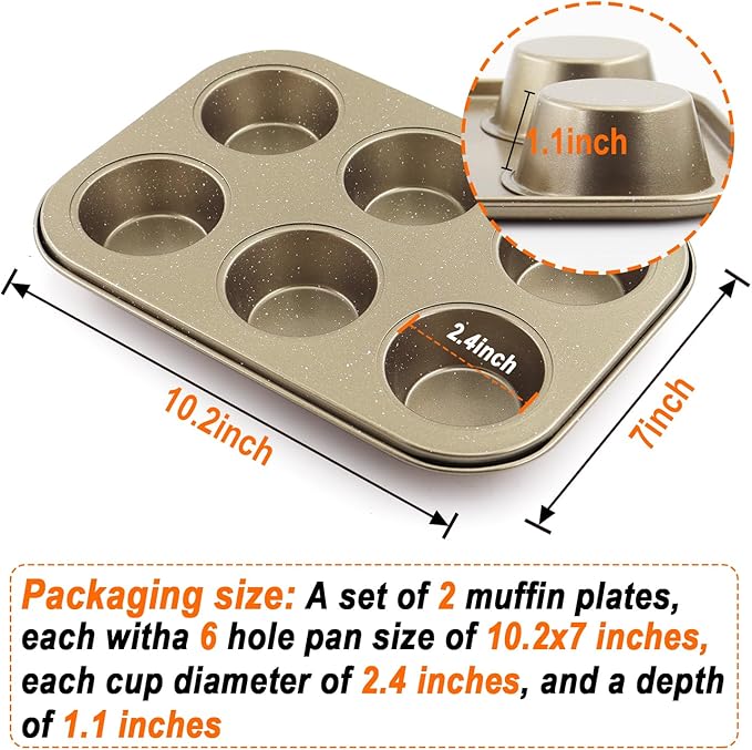 DRAONGYE 2 Packs Round Muffin Baking Pan, Premium Steel Muffin Pan for Baking, Nonstick Cupcake Tin Cheesecake Pans, Bakeware Muffin Top Pan (6 Cups, Golden)