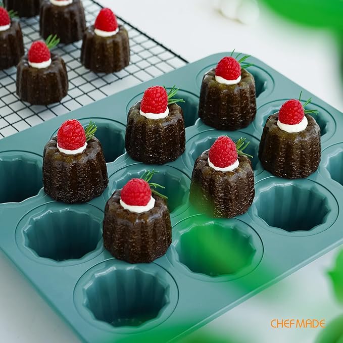 CHEFMADE Canele Mold Cake Pan, Nonstick 12 Cavity Canele Muffin Bakeware Cupcake Pan for Oven Baking（Green）