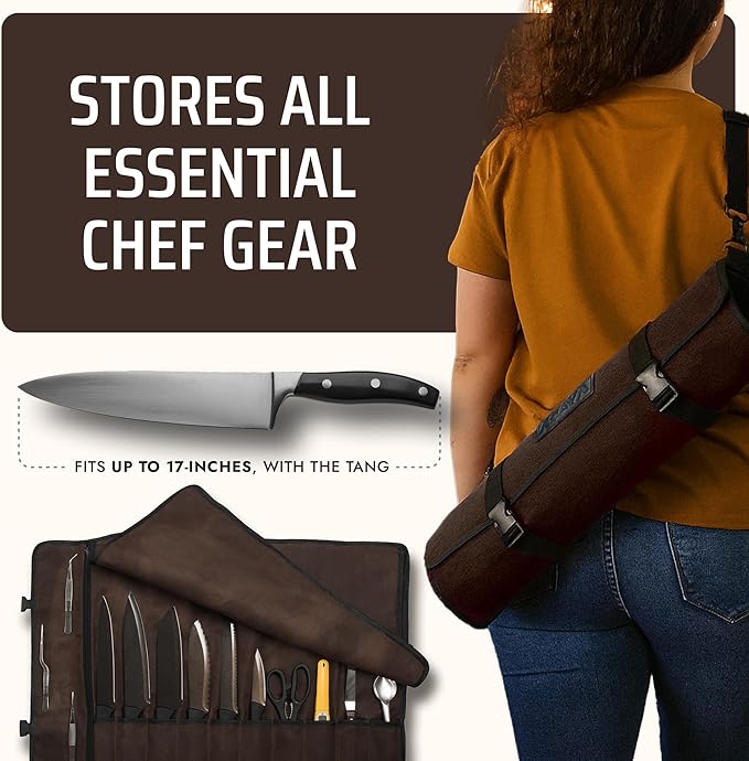 Asaya Canvas Chef Knife Roll Bag - 10 Knife Slots and a Large Zipper Pocket - Durable 10oz Canvas Knife Case with an Adjustable Shoulder Strap - Knives not Included