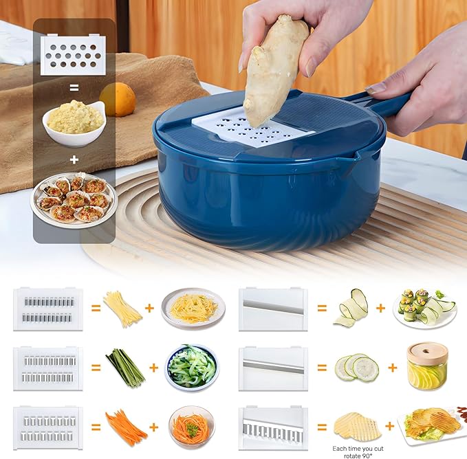 Mandoline Food Slicer, Multifunctional Vegetable Slicer Cutter with Hand Protector, Vegetable Shredder for Potato, Tomato, Carrot (Blue-7 in 1)