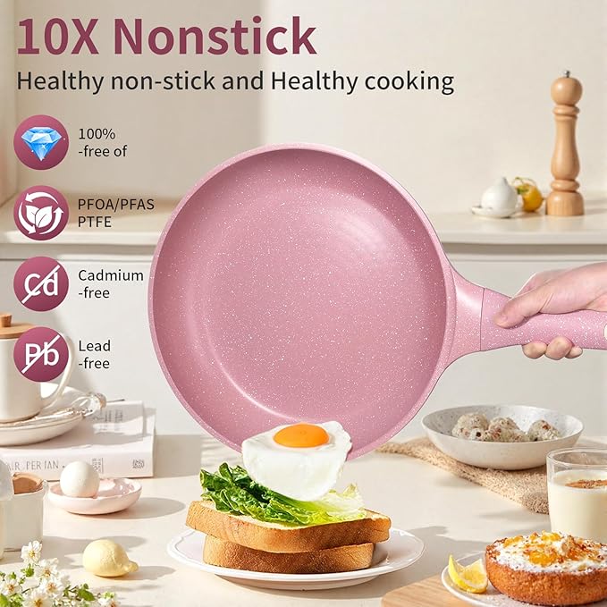 Xuanying 8 Inch Non Stick Frying Pans with Lid - 100% PFOA PFAS Free, Super Nonstick, All Stovetop Compatible Induction Gas Electric, Omelette & Egg Pan, Dishwasher Safe, Eco-Friendly Pink Pan