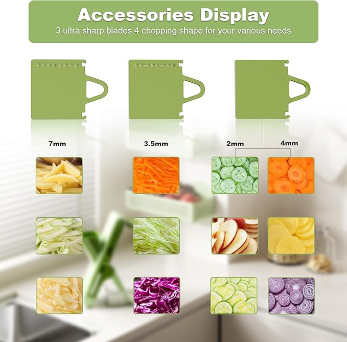 Eletronova Potato Slicer & Julienne Cutter, Safe 4-in-1 Mandoline Slicer for Kitchen, Vegetable Slicer with Thickness Adjuster, Fast Meal Prep, Easy Clean(White-green)