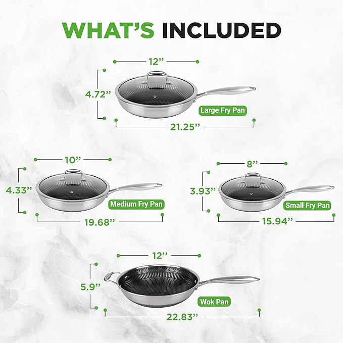7-Piece Cookware Set Stainless Steel - Triply Kitchenware Pans Set Kitchen Cookware w/DAKIN Etching Non-Stick Coating - Small, Medium, & Large Stir Fry Pan with Lid, Wok - NutriChef NC3PLY7S