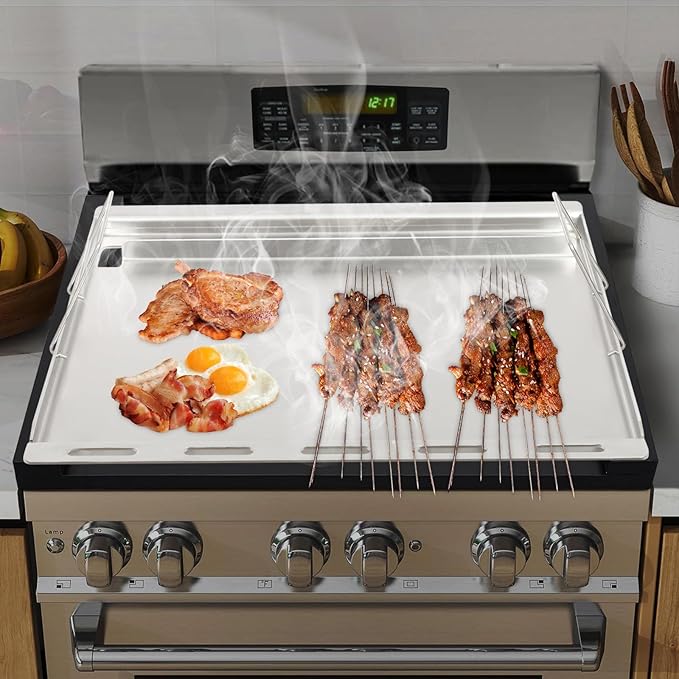 25" x 20" Stainless Steel Griddle Insert for Gas Grill, Flat Top Plate Insert with Grease Drain Hole and Removable Handles for Gas and Charcoal Grills, Camping and Parties